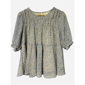 Anthropologie Melloday Blue Sheer Floral Women's Large Shirt Boho Blouse